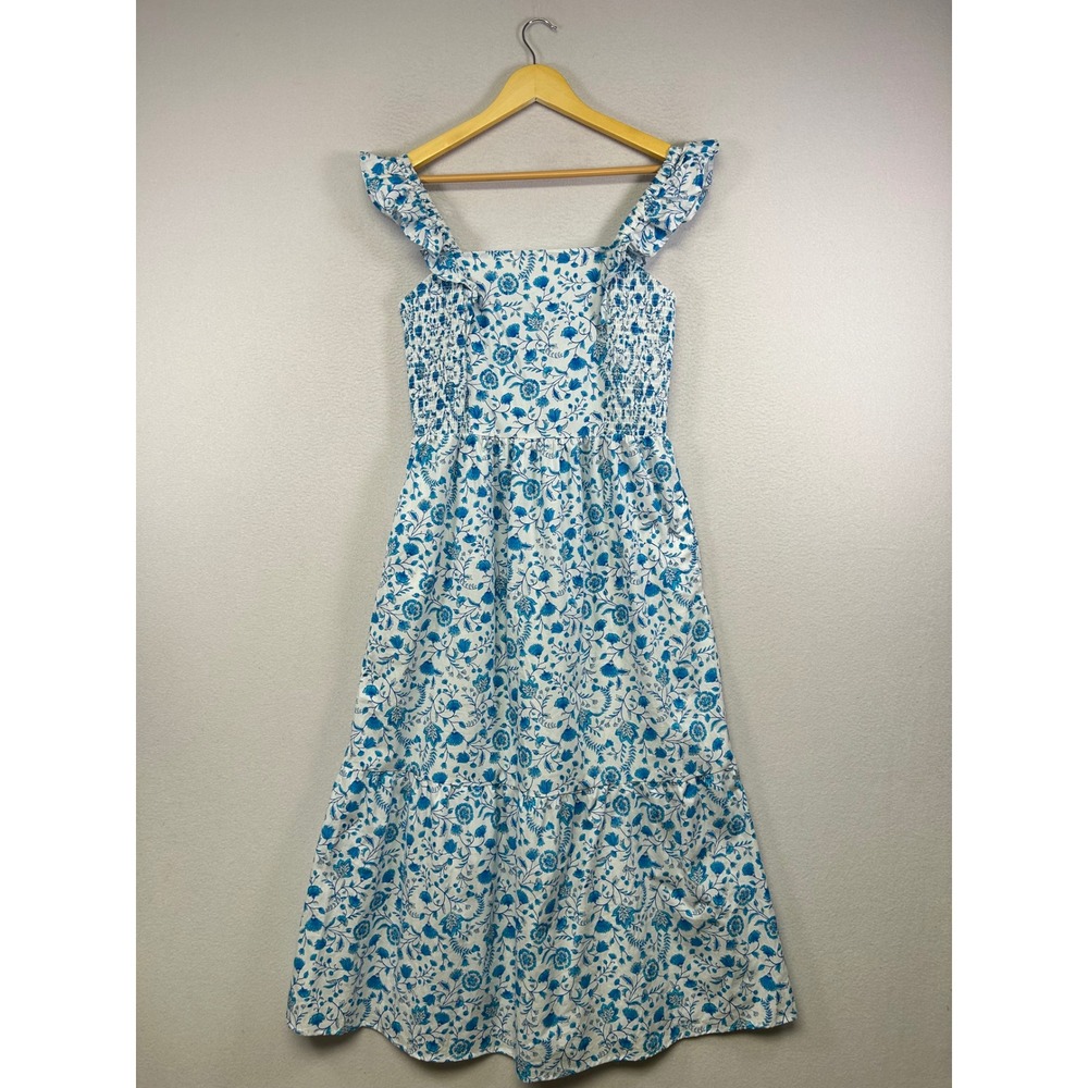 Cottagecore Draper James Womens Medium Blue Floral Smocked Tiered Midi Dress